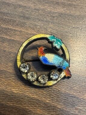 Small Vintage Enamel Bird Rhinestone Brooch